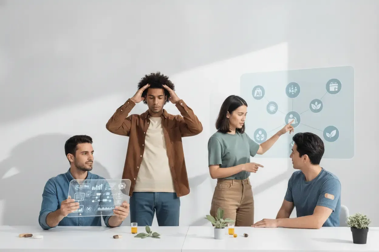 A hiring team reviewing candidate data on a shared dashboard while a colleague looks overwhelmed by the process