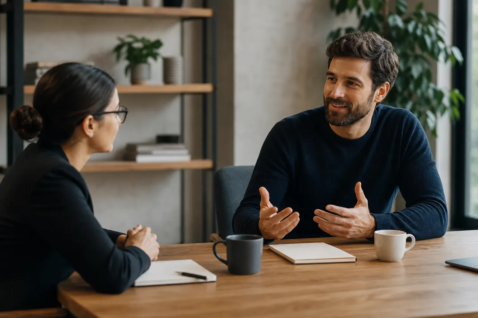 A startup founder sitting across a modern office table from a job candidate during an interview, both engaged in thoughtful conversation, warm natural lighting, contemporary minimal workspace, notebooks and coffee on the table, professional but relaxed atmosphere, no text or writing visible