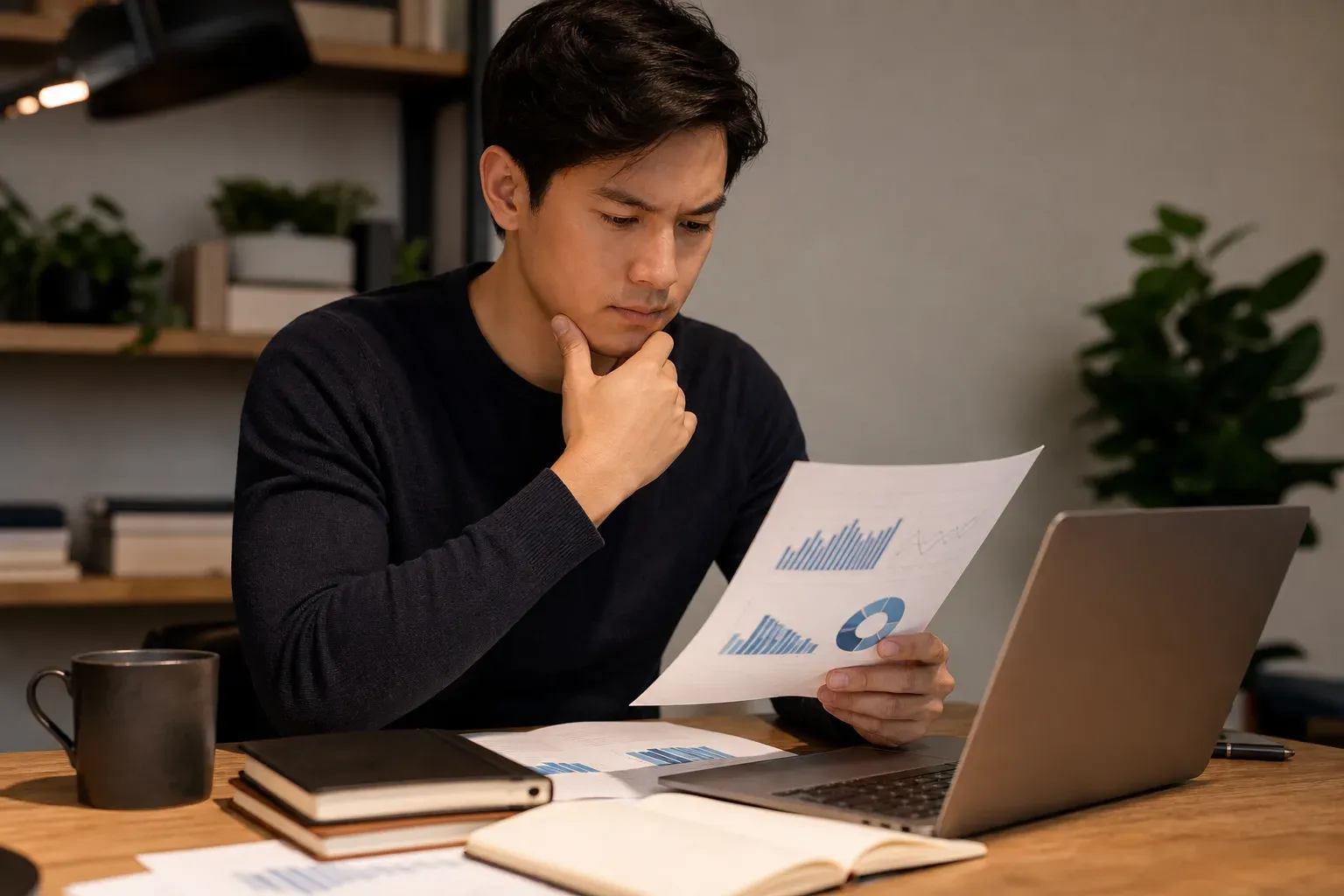 A startup founder sitting at a minimalist desk reviewing a structured document with charts and graphs showing salary ranges and equity compensation data, warm office lighting, laptop open, notebooks nearby, focused analytical atmosphere, no text or writing visible anywhere
