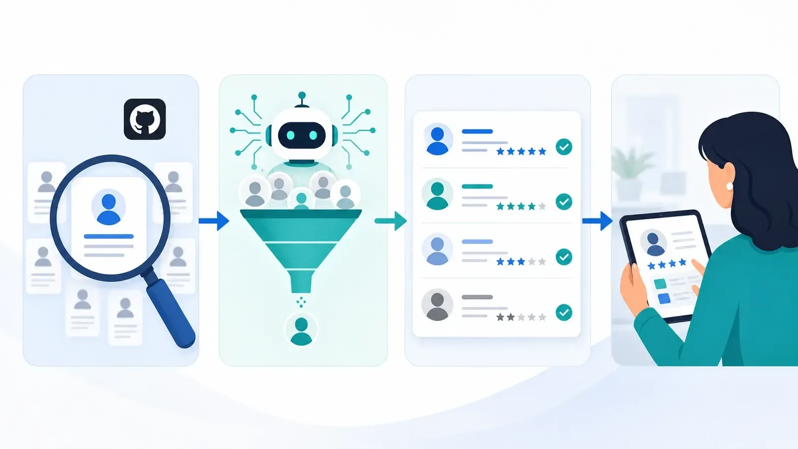 A clean, modern flat-design illustration showing an AI-powered candidate sourcing funnel workflow. Four stages flow left to right with icons and minimal labels: (1) “Profile Discovery” - a magnifying glass scanning silhouetted profile cards across LinkedIn and GitHub logos; (2) “Automated Screening” - a robot/AI chip icon filtering profiles through a funnel; (3) “Ranked Shortlist” - a sorted list with star ratings and check marks; (4) “Recruiter Review” - a human figure reviewing a tablet/screen. Connected by smooth horizontal arrows. Color palette: cool blues (#3B82F6), teals (#14B8A6), white backgrounds, light gray accents. Professional, minimal, no text clutter. Wide/landscape aspect ratio, 16:9.