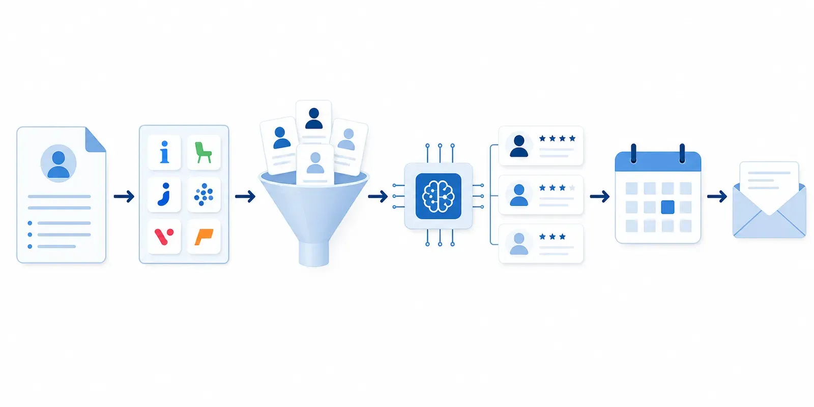 A clean, modern infographic-style illustration showing an enterprise ATS hiring pipeline as a horizontal flow diagram. Left to right: a document icon labeled “Job Requisition”, arrow to a grid of job board logos labeled “Job Boards”, arrow to a funnel of applicant profile cards labeled “Candidate Intake”, arrow to an AI chip icon with a ranked shortlist labeled “AI Screening”, arrow to a calendar icon labeled “Interviews”, arrow to an envelope icon labeled “Offer Letter”. Flat design, light blue and white color palette with subtle navy accents, professional and minimal, no text beyond short labels, white background.