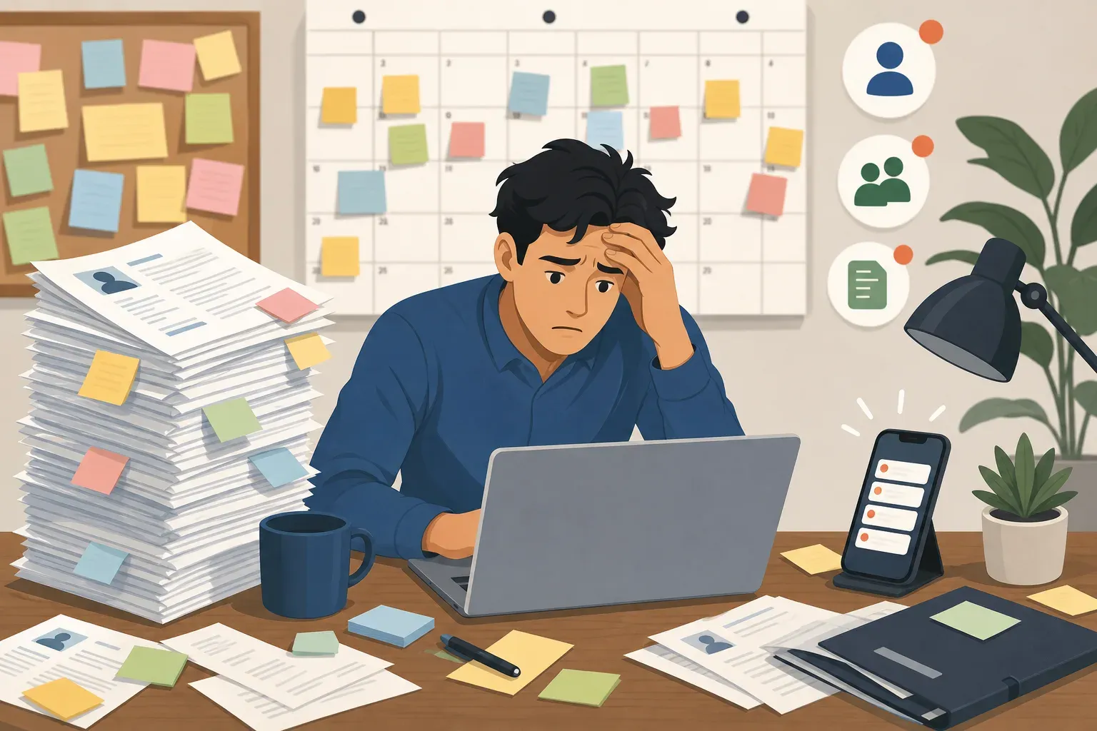 Illustration of a founder at a cluttered desk buried in resumes, open job postings, and calendar invites