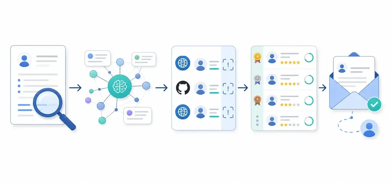 The five steps of AI candidate sourcing: job description input, semantic analysis, multi-platform scanning, AI ranking, and personalized outreach