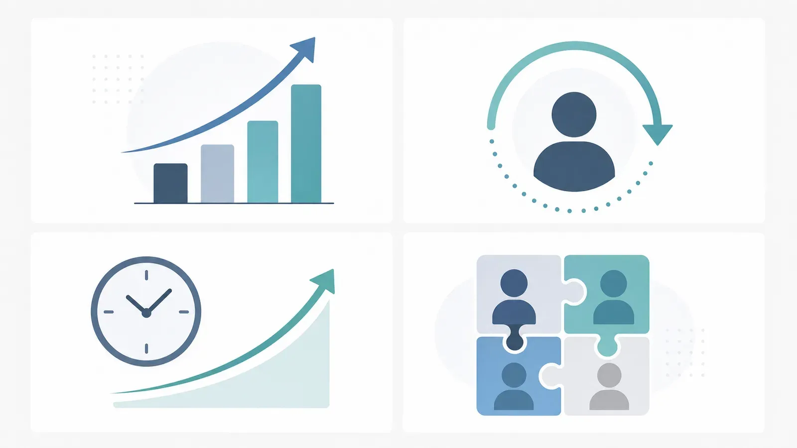 Clean, minimal infographic illustration showing four quality-of-hire pillars arranged in a 2x2 grid layout. Each quadrant has a simple icon and label: top-left “Performance” with a bar chart icon, top-right “Retention Rate” with a person-retention arc icon, bottom-left “Ramp-Up Time” with a clock/upward curve icon, bottom-right “Cultural Fit” with a puzzle-piece or connected-people icon. Soft white background, muted professional color palette (slate blue, teal, light grey accents). Clean sans-serif typography. No decorative clutter. Corporate but modern, startup-friendly aesthetic. 16:9 aspect ratio.