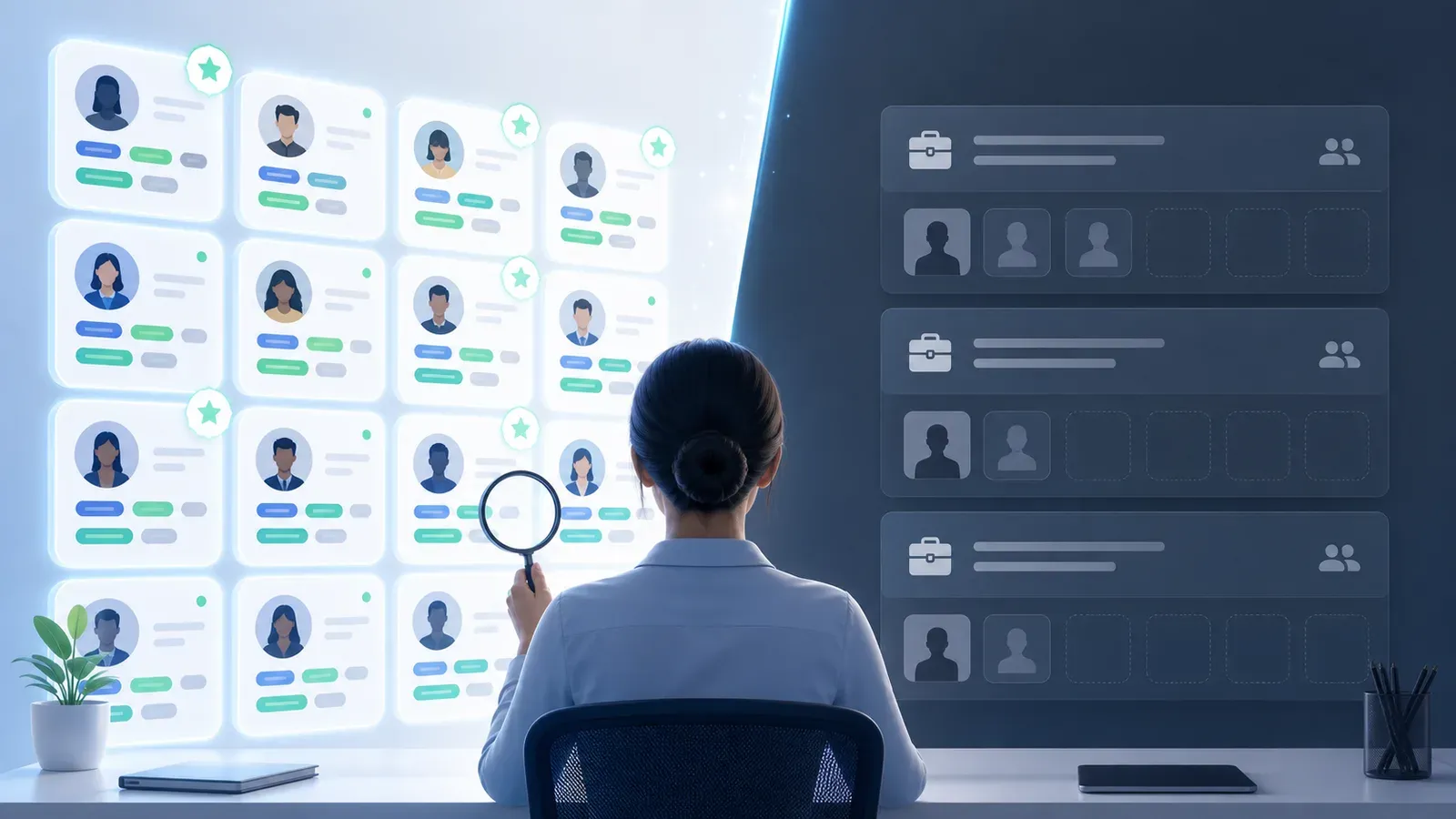 Flat design illustration showing a recruiter at a glowing digital database, searching through pre-screened candidate profiles on a clean ATS dashboard. On the left side, a vibrant organized talent pool with profile cards and tags (skill badges, role labels). On the right, a dimly lit job board with few applicants. Subtle visual contrast showing the richness of the internal database vs. external sourcing. Professional, minimal, cool blue and white color palette with soft green accents. No text or people faces. 16:9 aspect ratio.