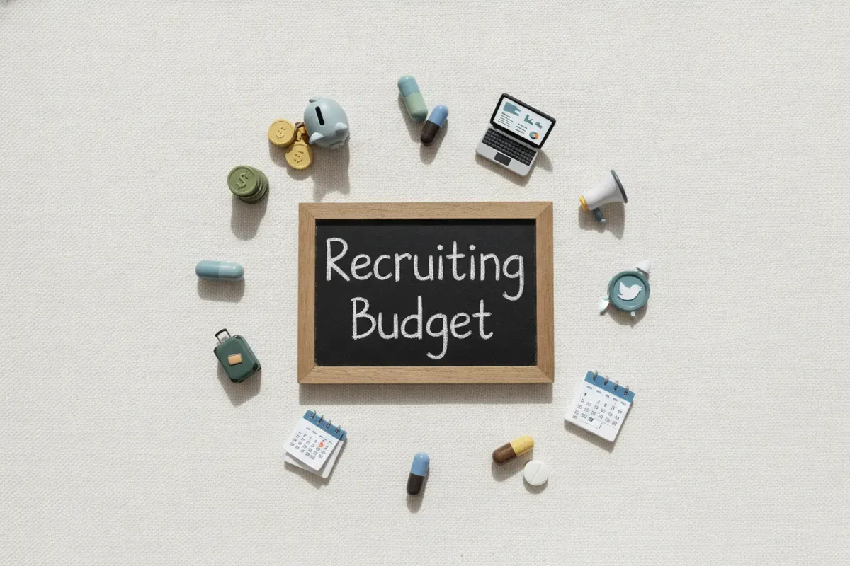 A laptop on a desk showing a recruiting budget dashboard with a pie chart splitting internal and external recruiting costs, a line-item breakdown of agency fees, job ads, software, referral bonuses, and relocation, and an average cost per hire
