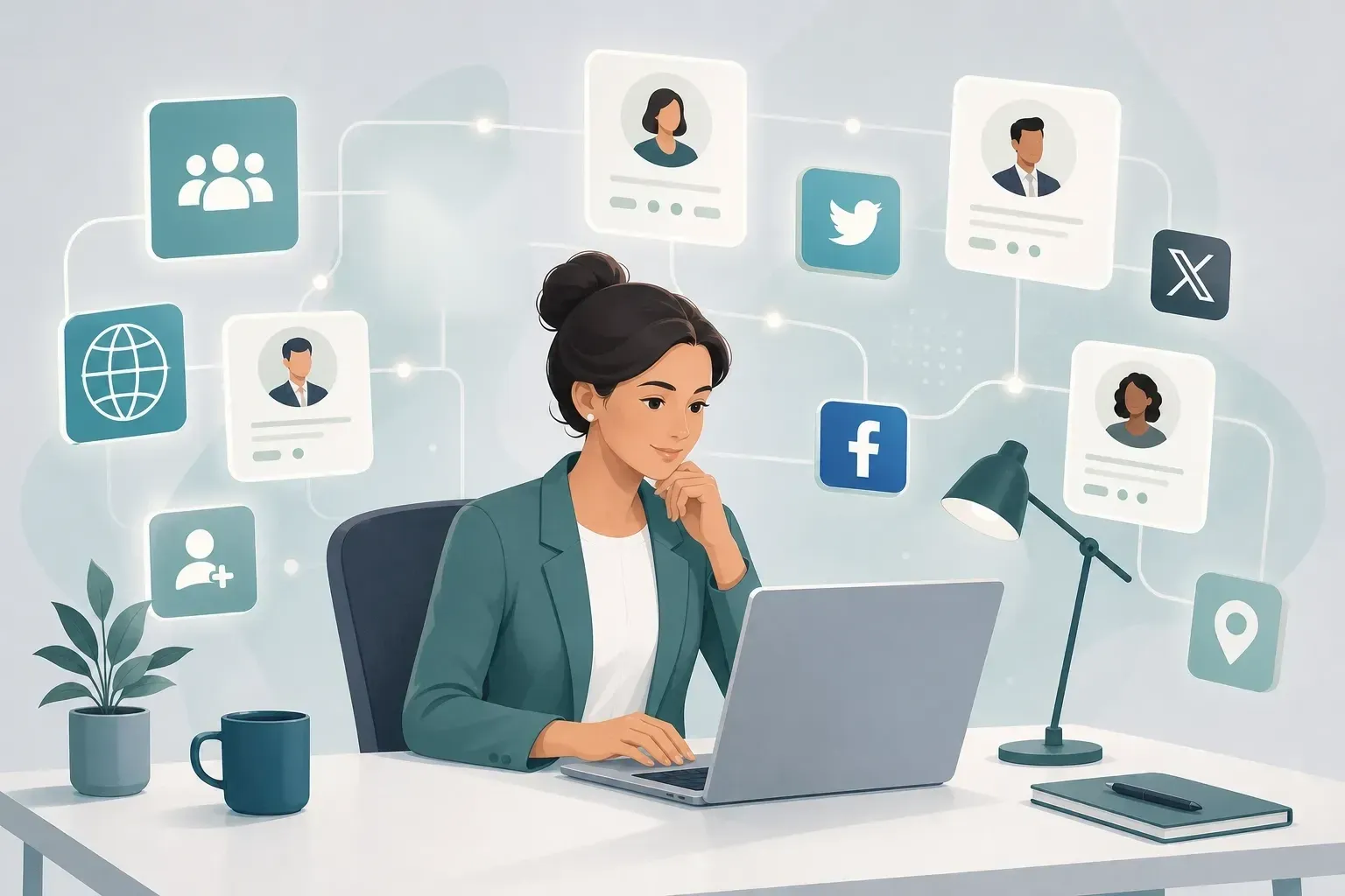 Flat-design professional illustration of a recruiter surrounded by floating social media platform icons (LinkedIn, professional network cards) arranged as glowing tiles. The central figure sits at a minimal workstation. Muted teal, slate blue, and off-white color palette. Clean lines, no gradients, isometric-light perspective. No text or logos. Conveys multi-channel social recruiting outreach.