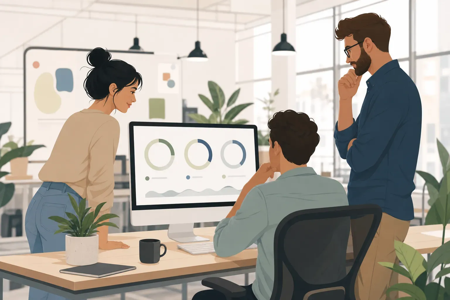 A minimalist flat-style illustration of a small startup team in a modern open office, with one person at a desk reviewing a clean data dashboard on a large monitor showing three circular gauge charts in muted greens and blues, surrounded by two colleagues looking on thoughtfully, plants and whiteboards in the background, warm neutral tones, no text or labels anywhere