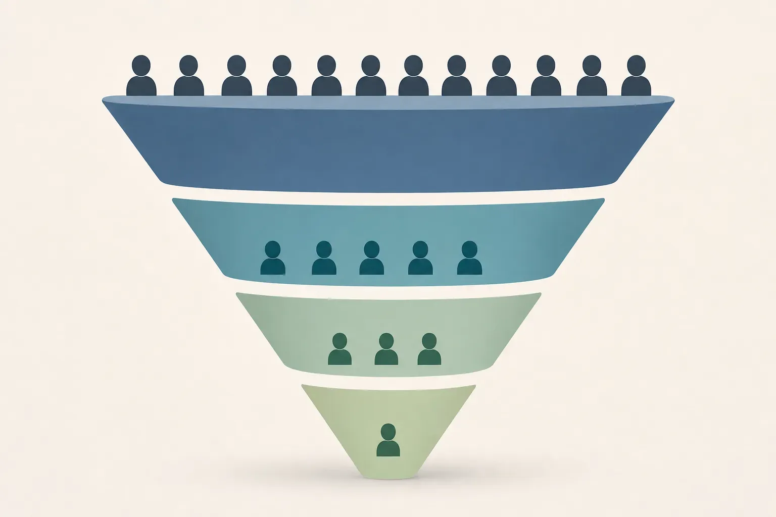 A minimalist flat-style illustration of a recruitment funnel with four progressively narrowing horizontal layers in muted blues and greens, each layer slightly smaller than the one above, representing stages of a hiring pipeline, with small abstract human silhouettes at the top layer gradually reducing in number toward the bottom, clean geometric shapes, soft neutral background, no text or labels, modern professional aesthetic
