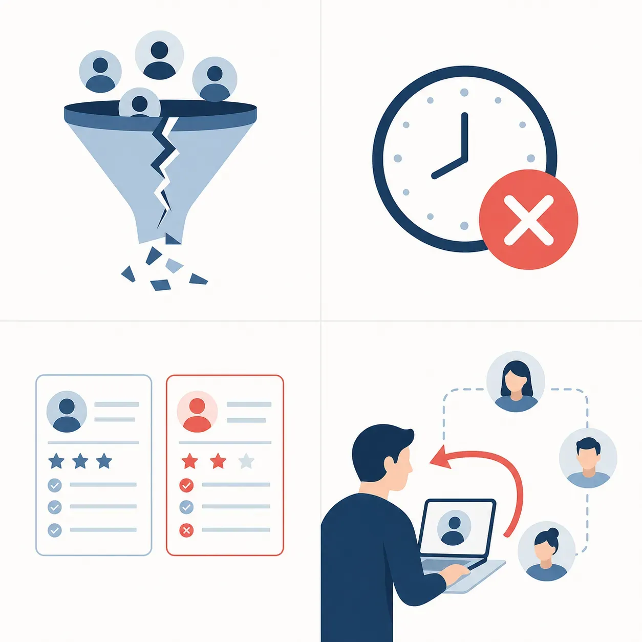 Clean flat vector infographic showing “4 Failure Modes of a Single Recruiter” for a startup blog. Four quadrants or labeled sections arranged in a 2x2 grid: (1) Pipeline Throughput Collapses - icon of a broken funnel; (2) Candidate Experience Degrades - icon of a clock with a red X; (3) Interview Process Loses Consistency - icon of mismatched scorecards; (4) Founders Re-Enter the Recruiting Loop - icon of a founder being pulled back into a pipeline. Muted blue and soft red color palette on a white or very light gray background. Modern, minimal, editorial style. No gradients, no photography. Clean sans-serif typography labels for each quadrant. Professional B2B SaaS look.