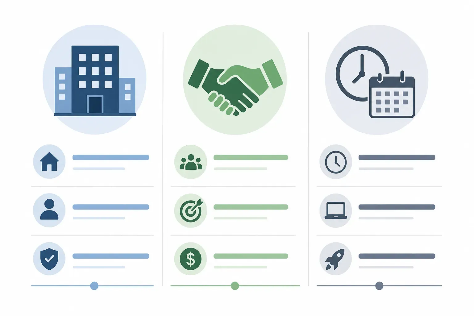 Clean, professional infographic illustration comparing three recruiter types side by side. Three columns with icons: a building/office icon for “Corporate Recruiter” (works inside one company), a handshake icon for “Agency Recruiter” (serves multiple clients, commission-based), and a clock/calendar icon for “Fractional Recruiter” (hourly, part-time, startup-focused). Flat design style, muted blue, green, and slate color palette, white background, minimal and modern. No people, no faces. Clear column headers with short descriptor text beneath each icon.