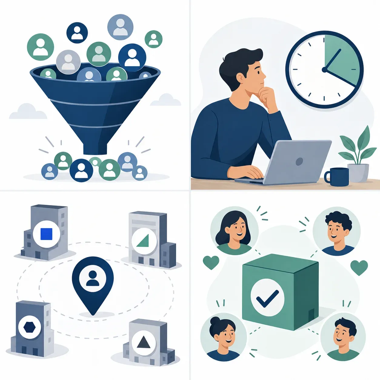 A clean, minimal professional illustration showing four key business readiness signals for hiring a first salesperson. Four distinct visual panels arranged in a 2x2 grid: 1) An overflowing pipeline/funnel with deals spilling out, 2) A founder at a desk looking at a clock showing time spent on sales calls, 3) A competitive landscape with multiple company logos competing, 4) A product with a checkmark and happy customer icons indicating product-market fit. Flat design style, modern startup aesthetic, muted blue and green color palette, white background.